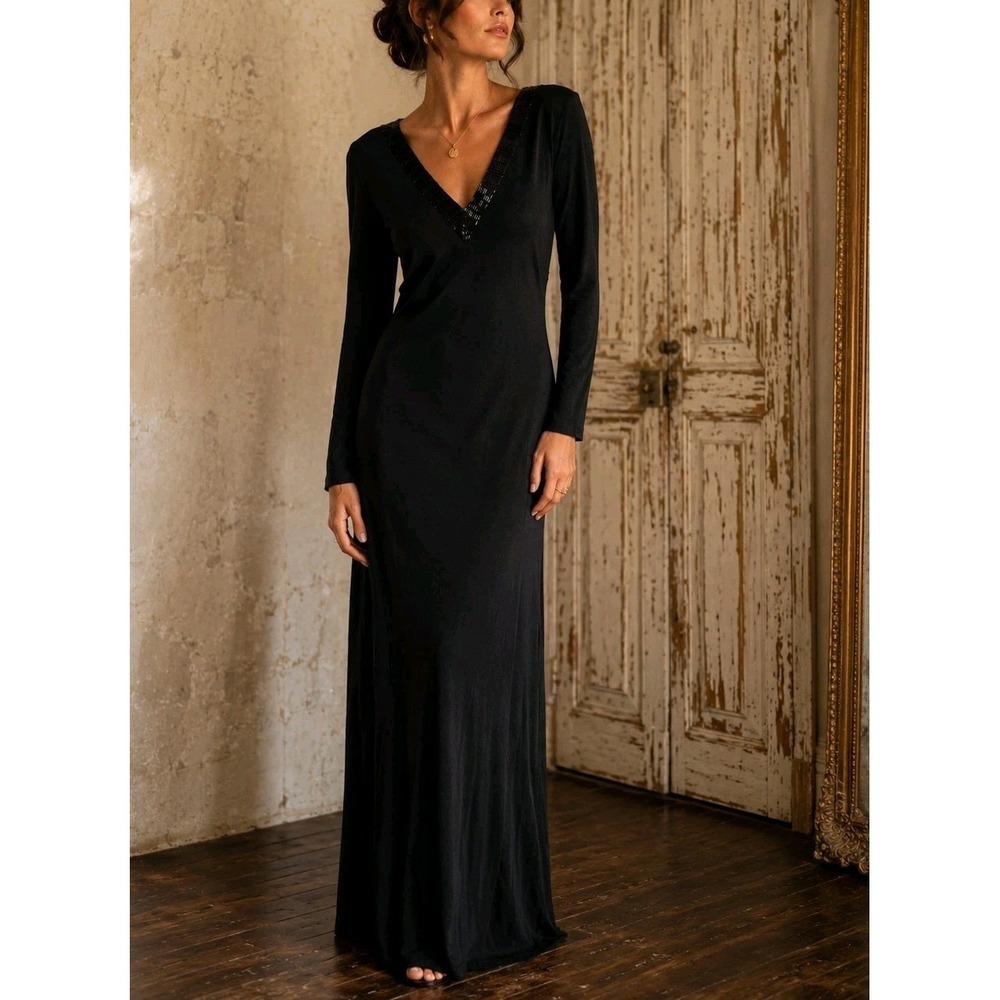 Vintage Lauren Ralph Lauren Black Beaded Maxi Dress Long Sleeve M
